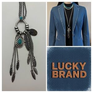 Lucky Brand Boho Turquoise & Silver Tone Feather Tassel Statement Necklace